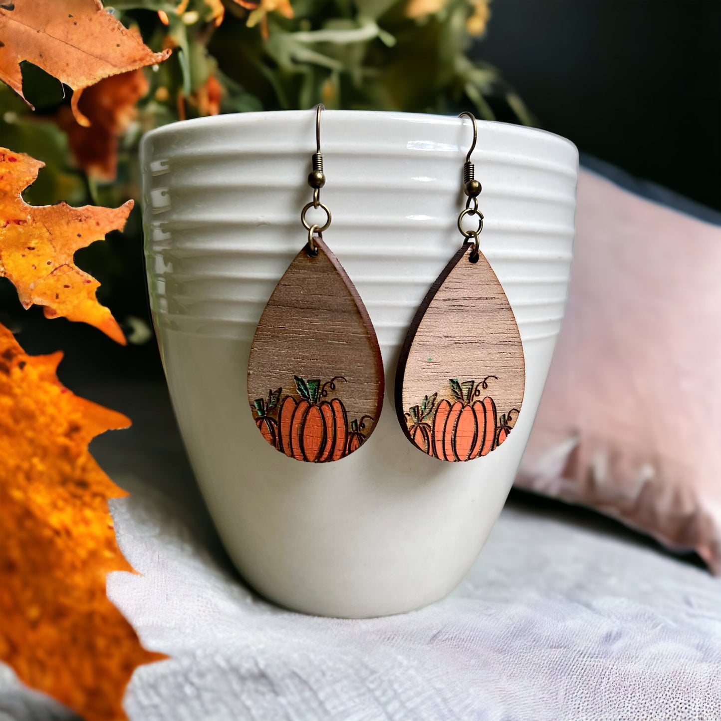 Wooden Pumpkin Dangle Earrings