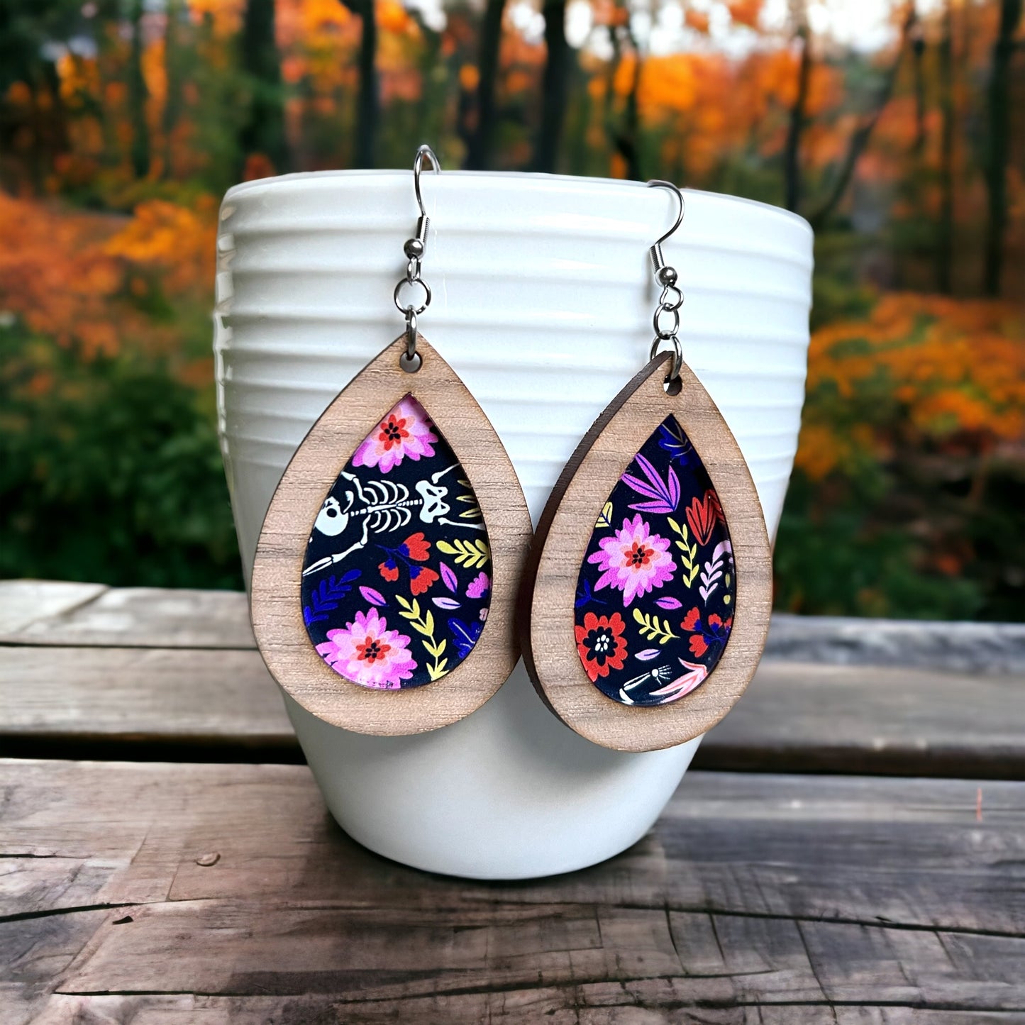 Floral Dancing Skeleton Dangle Earrings