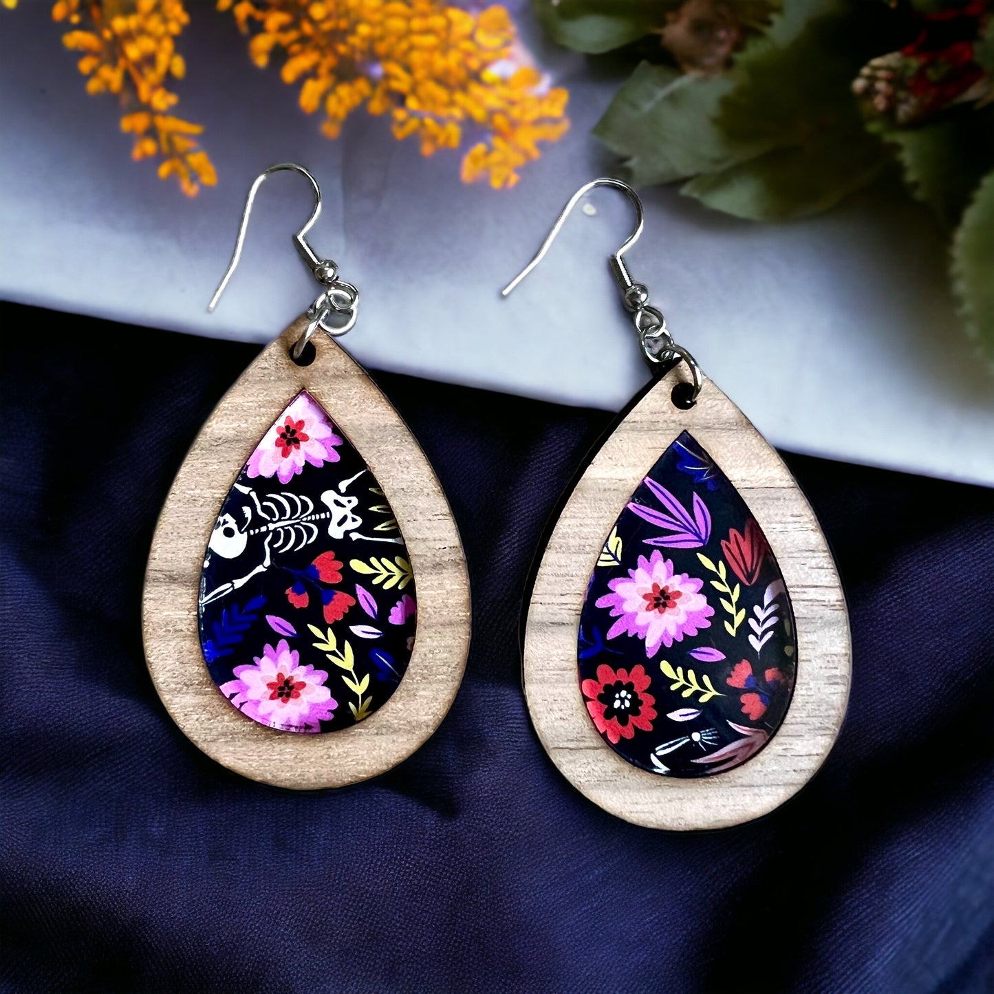 Floral Dancing Skeleton Dangle Earrings