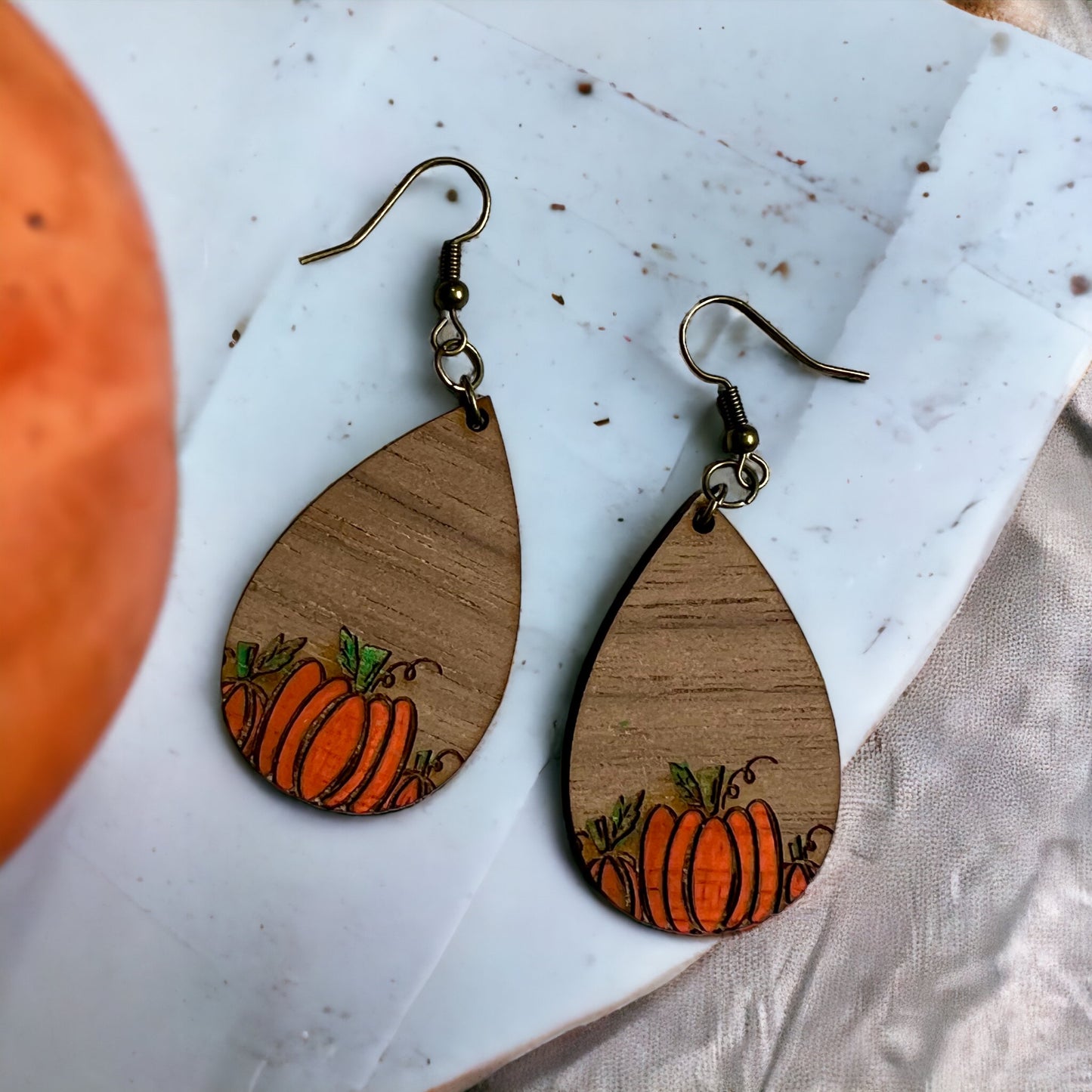 Wooden Pumpkin Dangle Earrings