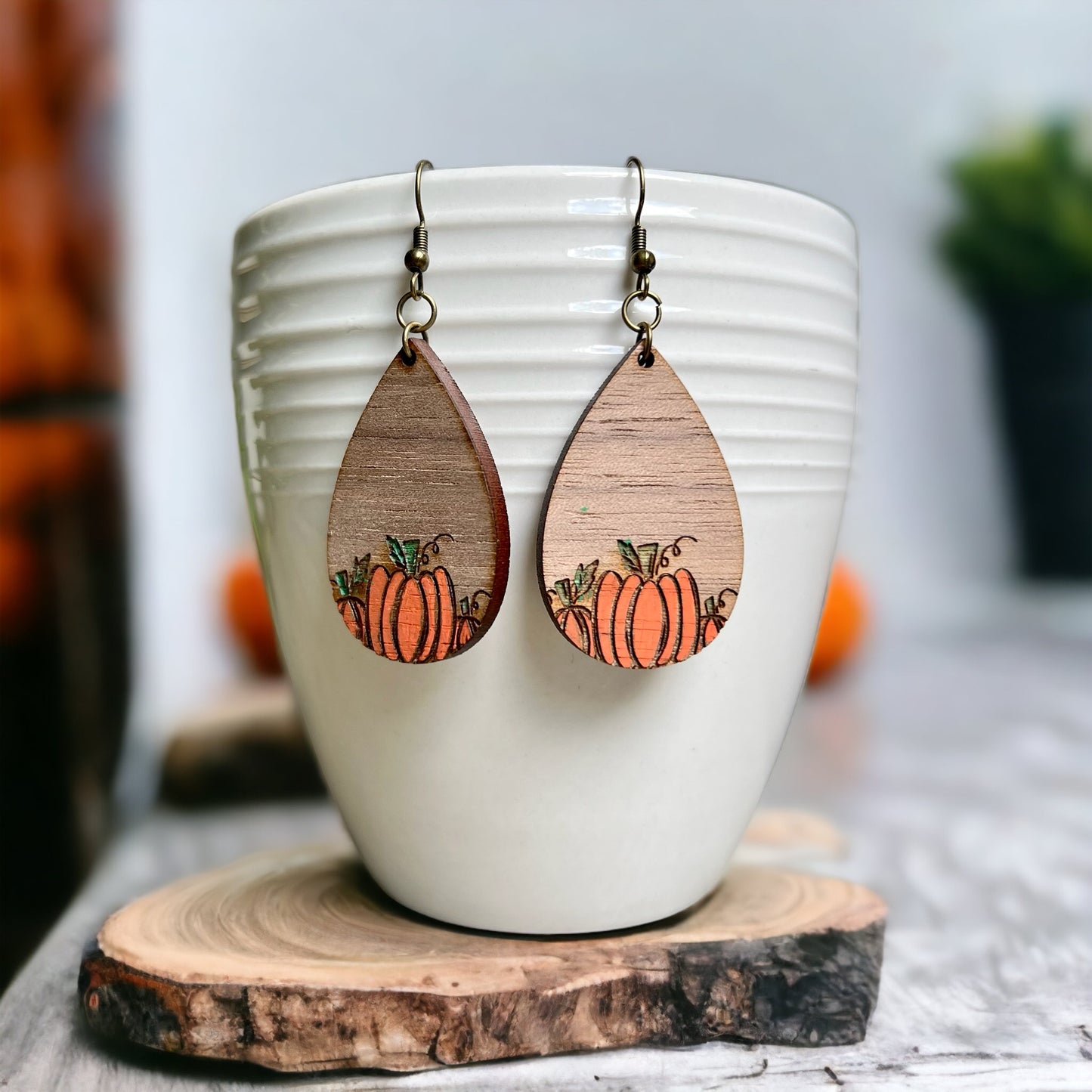 Wooden Pumpkin Dangle Earrings